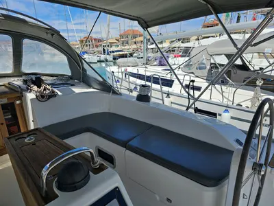 Cockpit of Salvia, a Bavaria 51 Cruiser sailboat at Lefkada, Greece