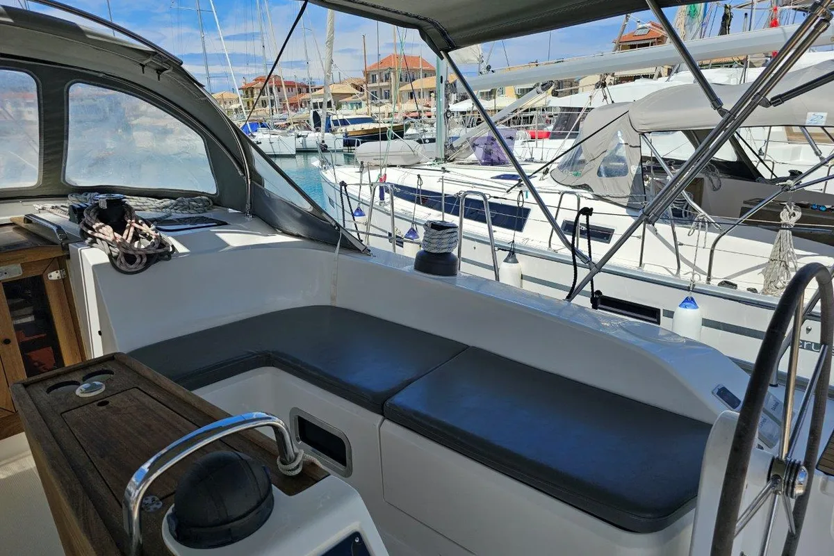 Cockpit of Salvia, a Bavaria 51 Cruiser sailboat at Lefkada, Greece