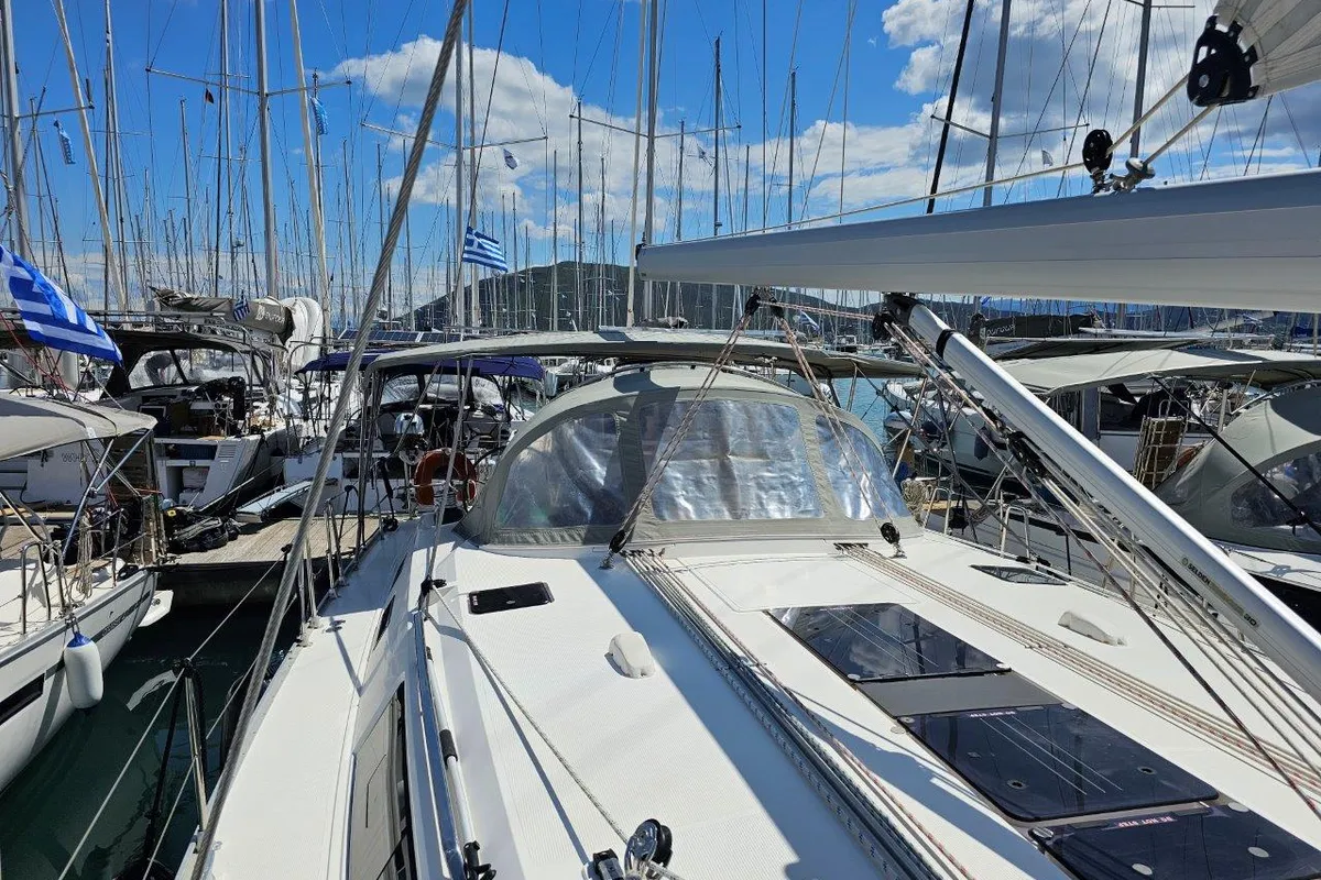 Deck of Salvia, a Bavaria 51 Cruiser sailboat at Lefkada, Greece