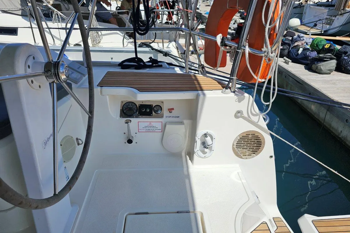 Cockpit of Salvia, a Bavaria 51 Cruiser sailboat at Lefkada, Greece
