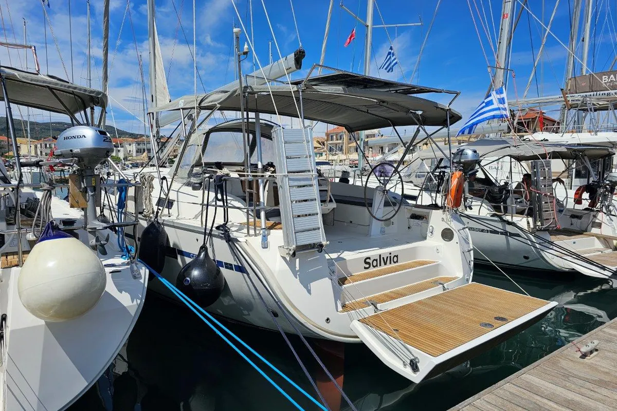 Exterior view of Salvia, a Bavaria 51 Cruiser sailboat at Lefkada, Greece
