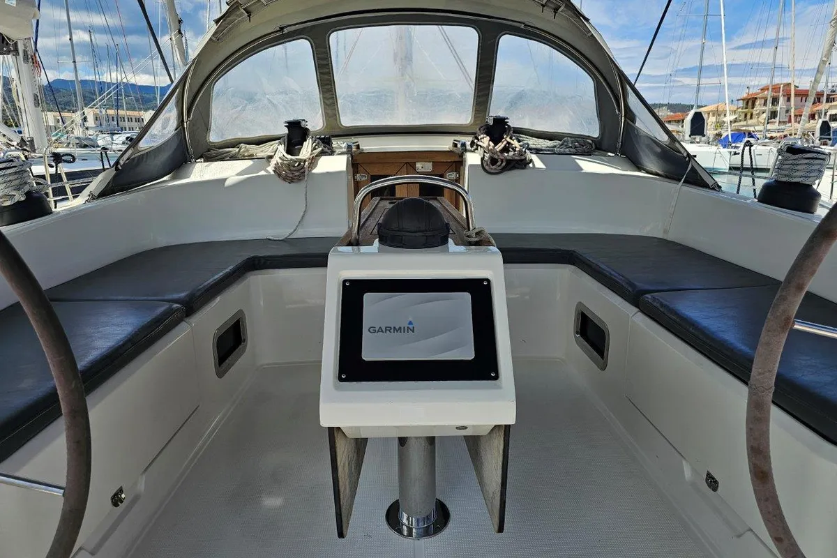 Cockpit of Salvia, a Bavaria 51 Cruiser sailboat at Lefkada, Greece