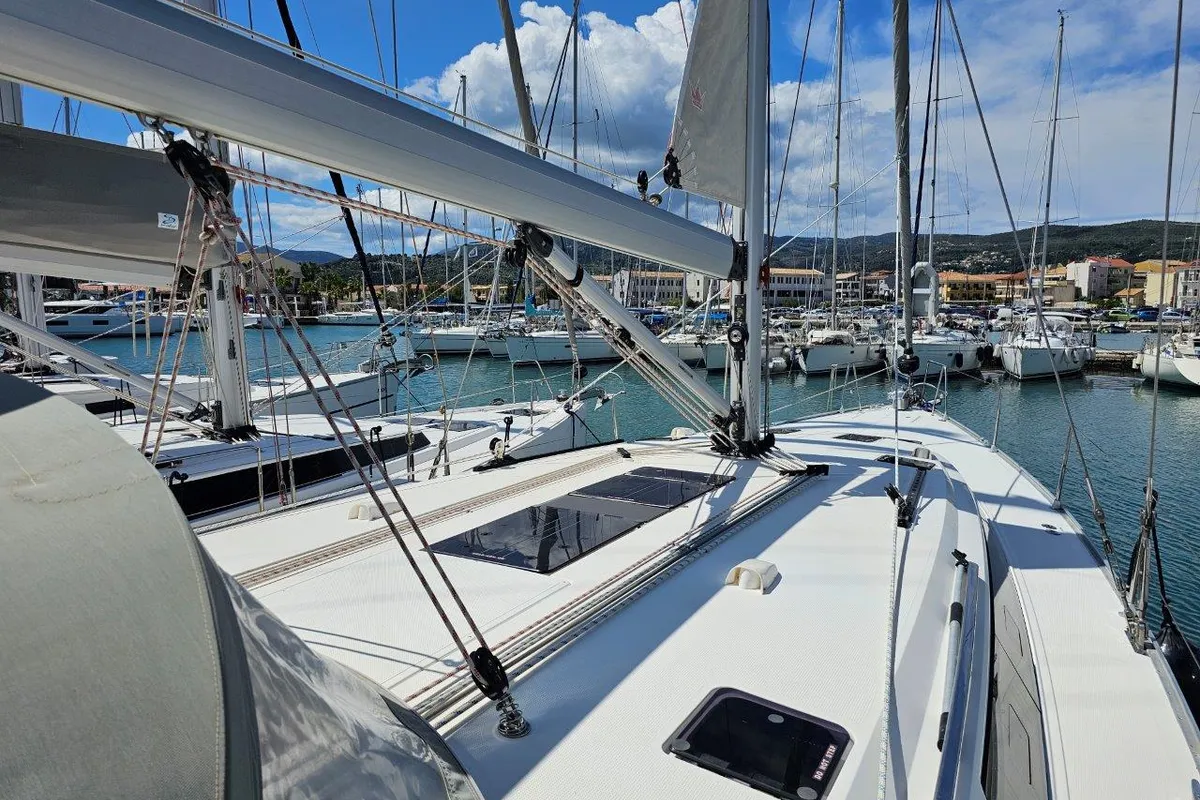 Deck of Salvia, a Bavaria 51 Cruiser sailboat at Lefkada, Greece