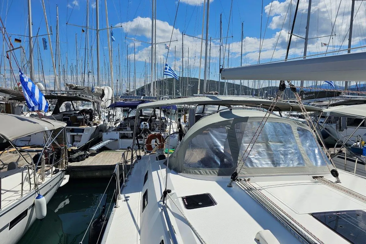 Deck of Salvia, a Bavaria 51 Cruiser sailboat at Lefkada, Greece