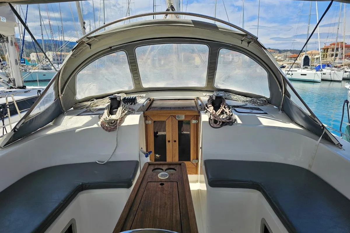 Cockpit of Salvia, a Bavaria 51 Cruiser sailboat at Lefkada, Greece