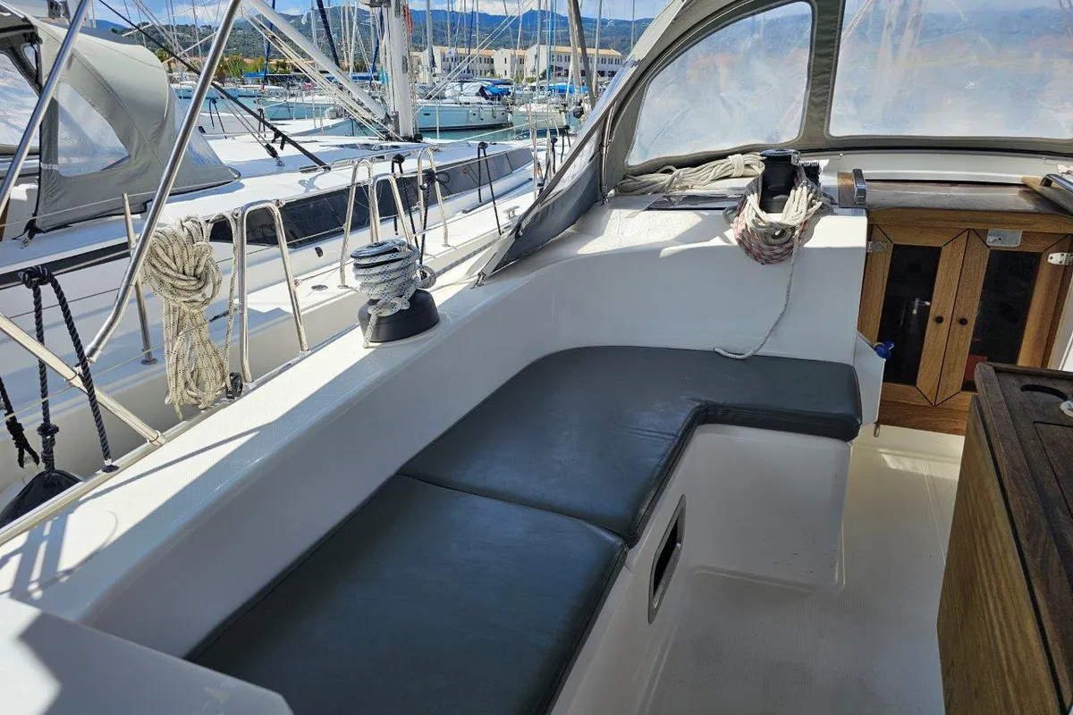 Deck of Salvia, a Bavaria 51 Cruiser sailboat at Lefkada, Greece