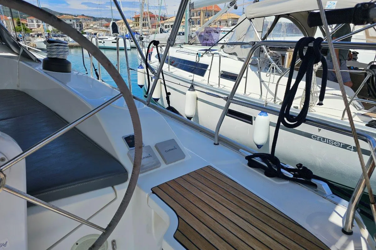 Deck of Salvia, a Bavaria 51 Cruiser sailboat at Lefkada, Greece