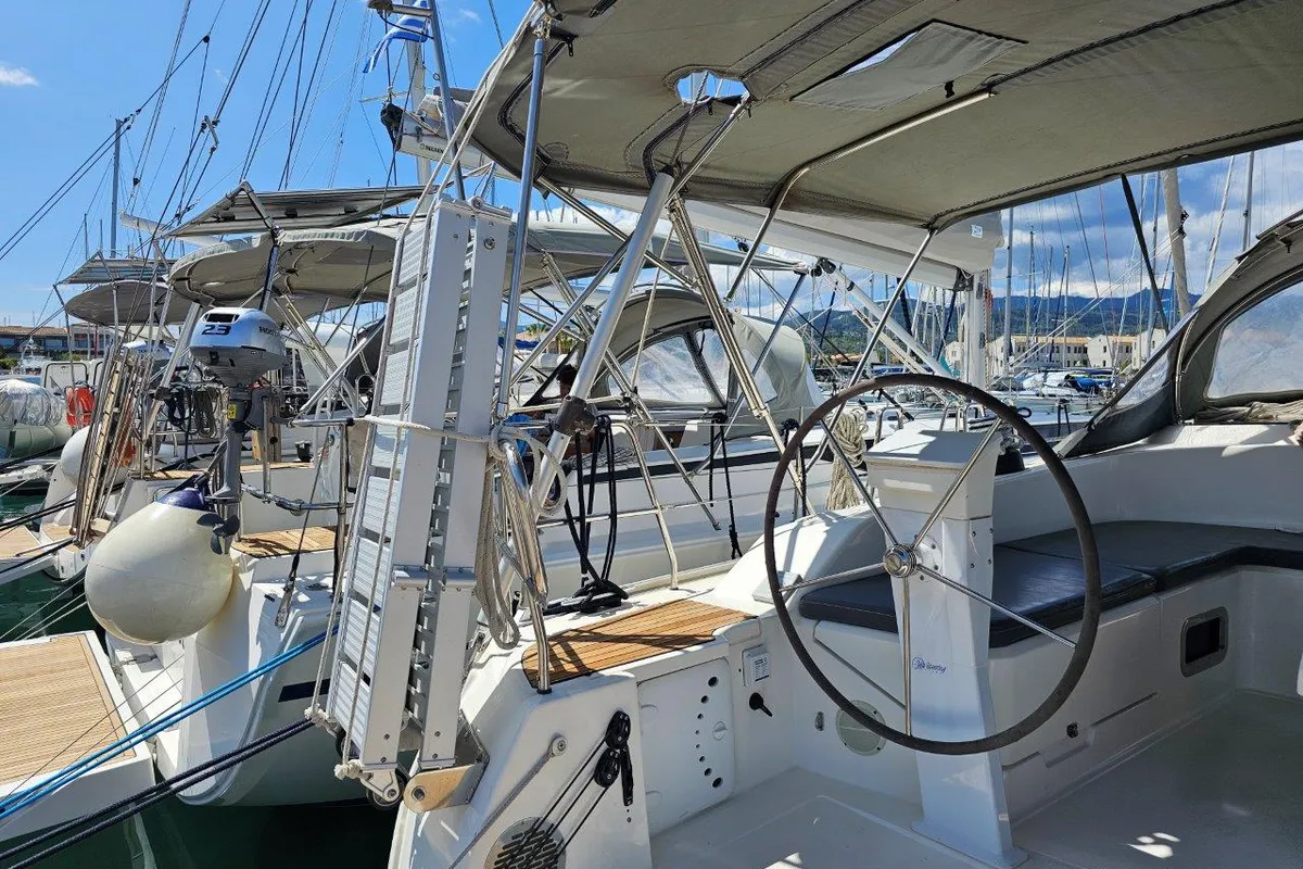 Cockpit of Salvia, a Bavaria 51 Cruiser sailboat at Lefkada, Greece