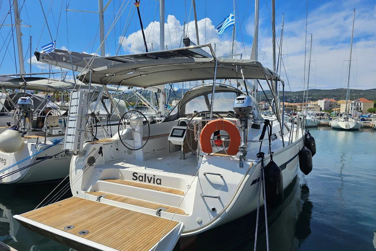Exterior view of Salvia, a Bavaria 51 Cruiser sailboat at Lefkada, Greece