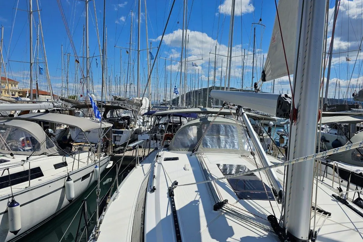 Deck of Salvia, a Bavaria 51 Cruiser sailboat at Lefkada, Greece