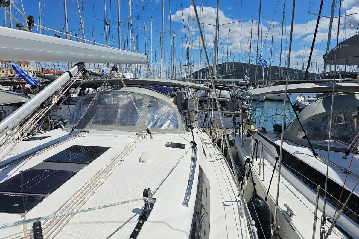 Deck of Salvia, a Bavaria 51 Cruiser sailboat at Lefkada, Greece