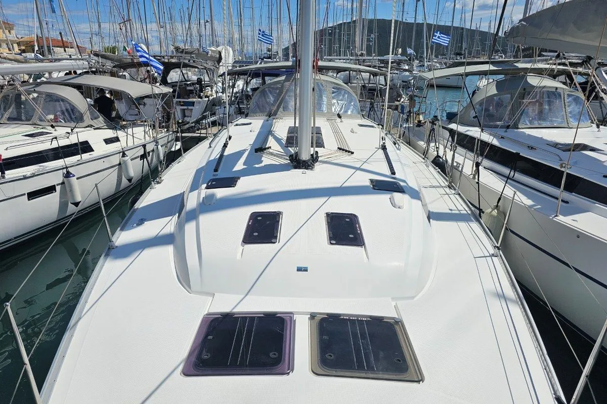 Deck of Salvia, a Bavaria 51 Cruiser sailboat at Lefkada, Greece
