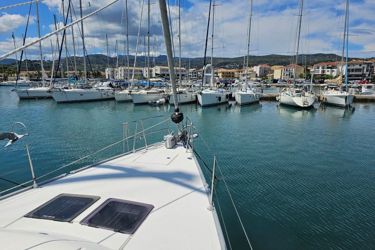 Exterior view of Salvia, a Bavaria 51 Cruiser sailboat at Lefkada, Greece