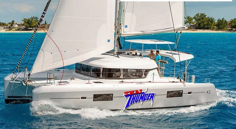 Exterior view of Thai Thunder, a Lagoon 42 catamaran at Mai Khao, Thailand