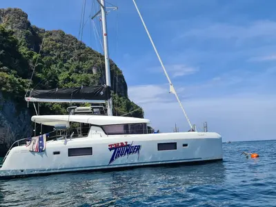 Exterior view of Thai Thunder, a Lagoon 42 catamaran at Mai Khao, Thailand
