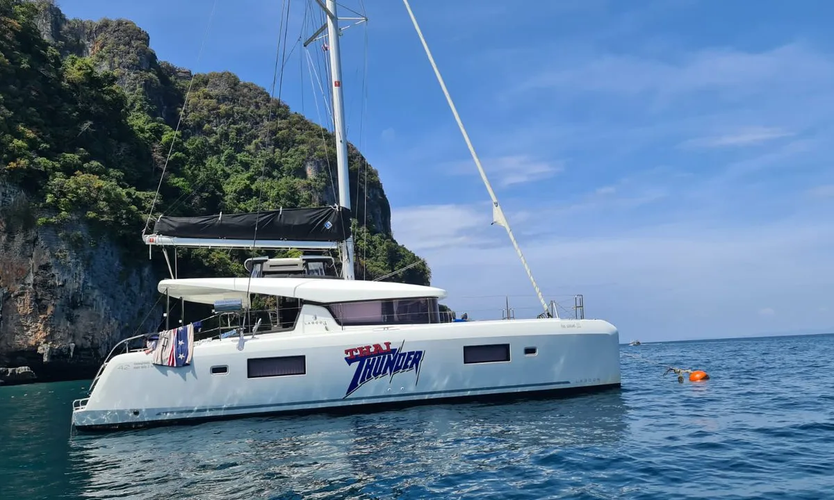 Exterior view of Thai Thunder, a Lagoon 42 catamaran at Mai Khao, Thailand