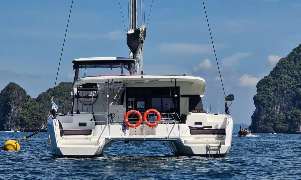 Exterior view of Thai Thunder, a Lagoon 42 catamaran at Mai Khao, Thailand