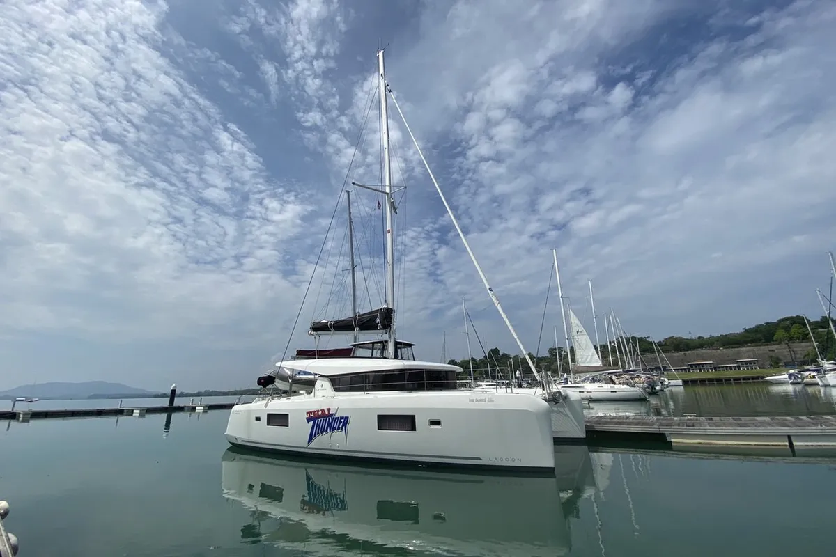 Exterior view of Thai Thunder, a Lagoon 42 catamaran at Mai Khao, Thailand