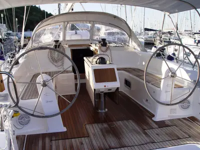 Cockpit of Zedaron, a Bavaria Cruiser 51 sailboat at Olbia, Italy