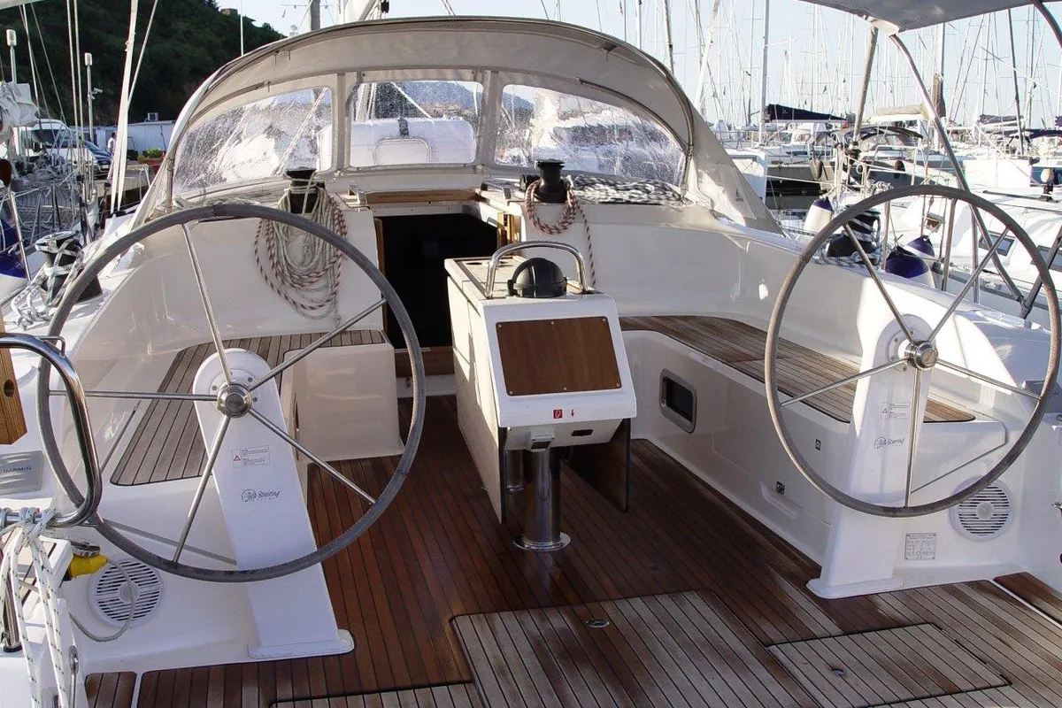 Cockpit of Zedaron, a Bavaria Cruiser 51 sailboat at Olbia, Italy