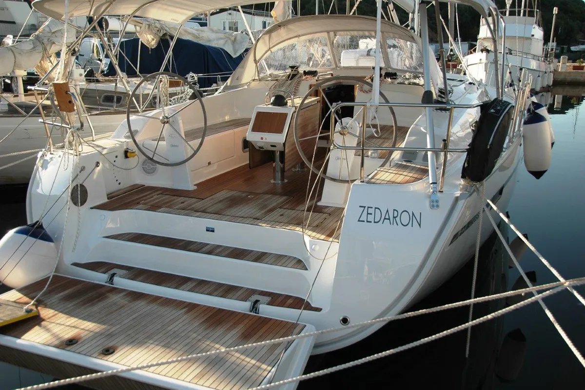 Exterior view of Zedaron, a Bavaria Cruiser 51 sailboat at Olbia, Italy