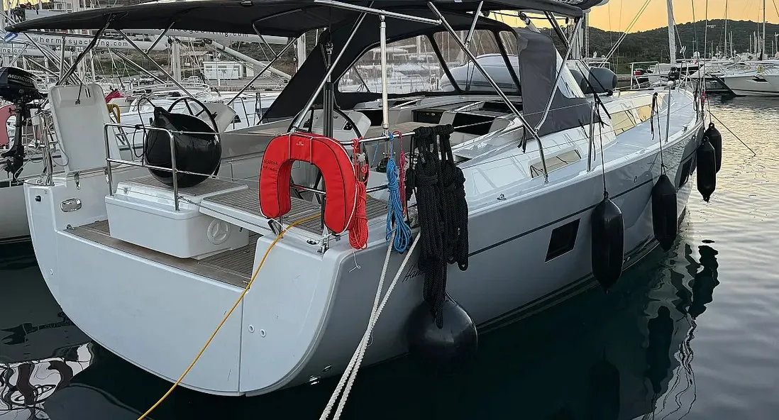 Exterior view of Neraida, a Hanse 508 sailboat at Municipal Unit of Lefkada, Greece