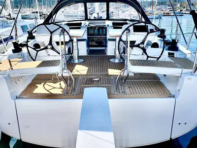 Deck of Neraida, a Hanse 508 sailboat at Municipal Unit of Lefkada, Greece