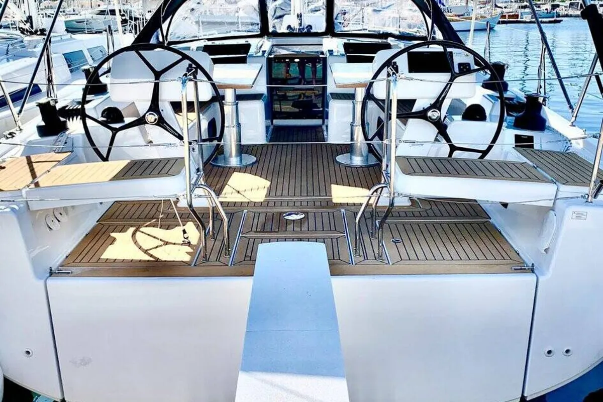 Deck of Neraida, a Hanse 508 sailboat at Municipal Unit of Lefkada, Greece