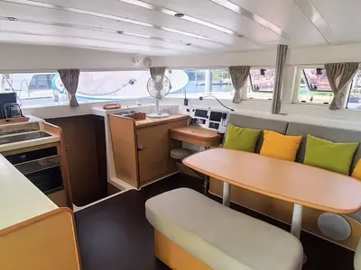 Salon of Exit Strategy, a Lagoon 420 catamaran at Baan Salak Phet, Thailand