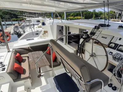 Cockpit of Exit Strategy, a Lagoon 420 catamaran at Baan Salak Phet, Thailand