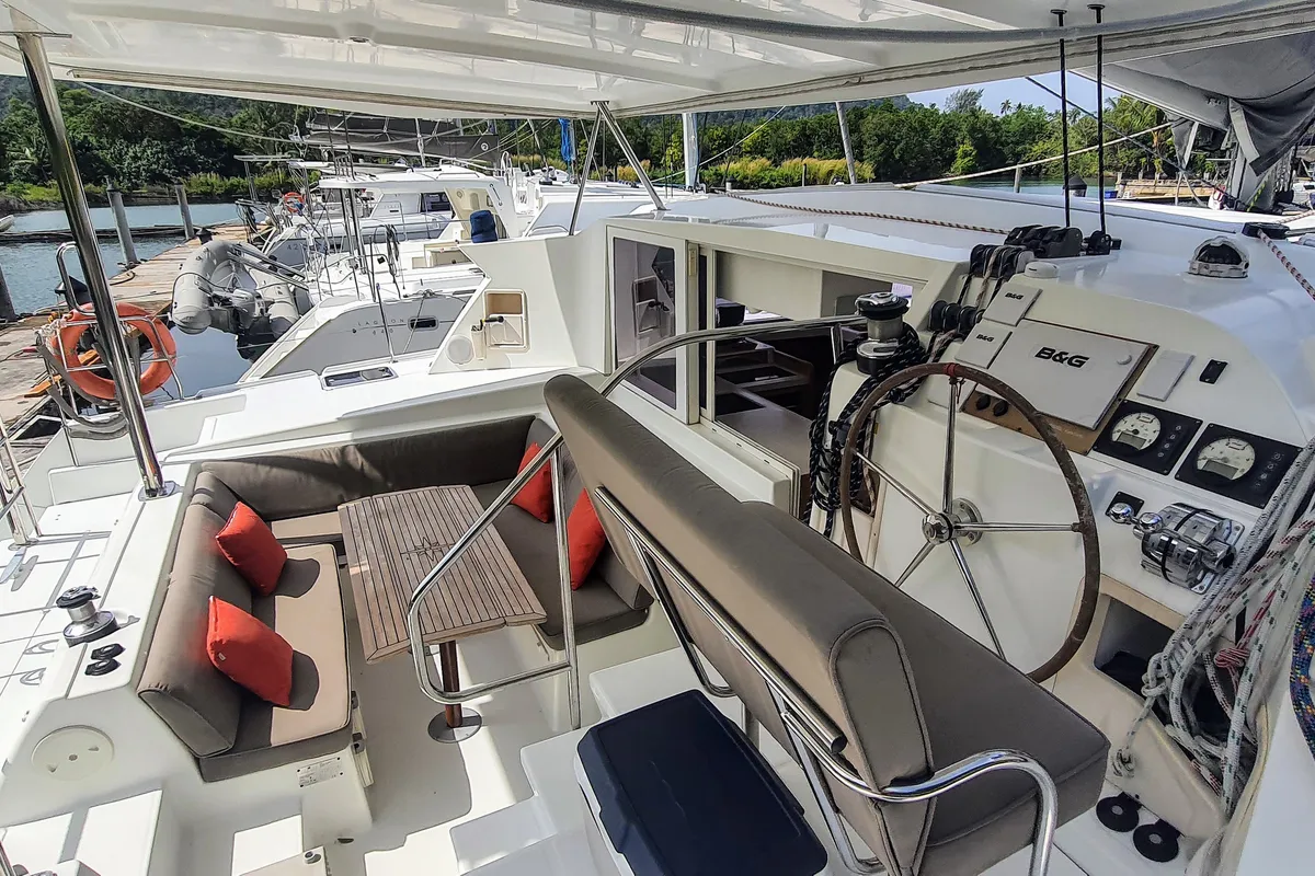Cockpit of Exit Strategy, a Lagoon 420 catamaran at Baan Salak Phet, Thailand
