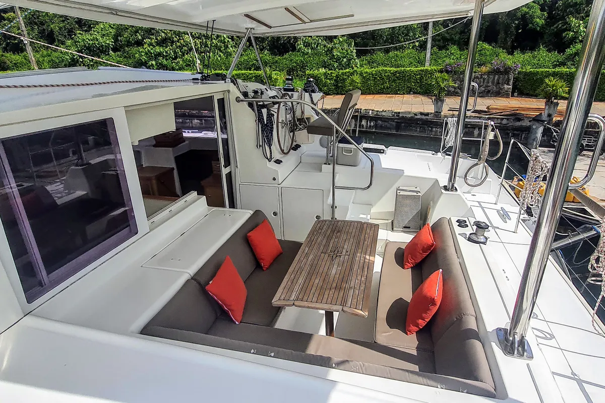 Cockpit of Exit Strategy, a Lagoon 420 catamaran at Baan Salak Phet, Thailand