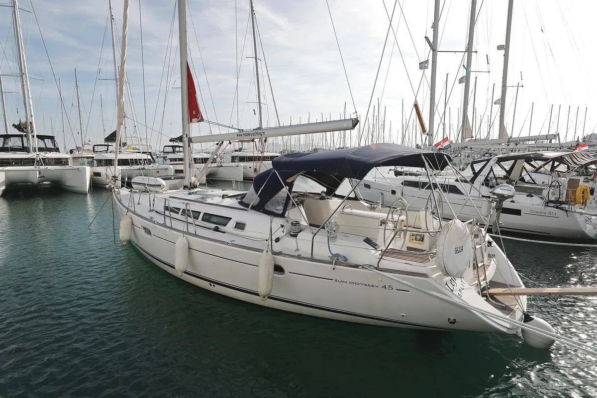 Exterior view of LEJLA, a Jeanneau Sun Odyssey 45 sailboat at Općina Sukošan, Croatia