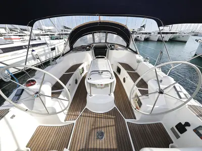 Cockpit of LEJLA, a Jeanneau Sun Odyssey 45 sailboat at Općina Sukošan, Croatia
