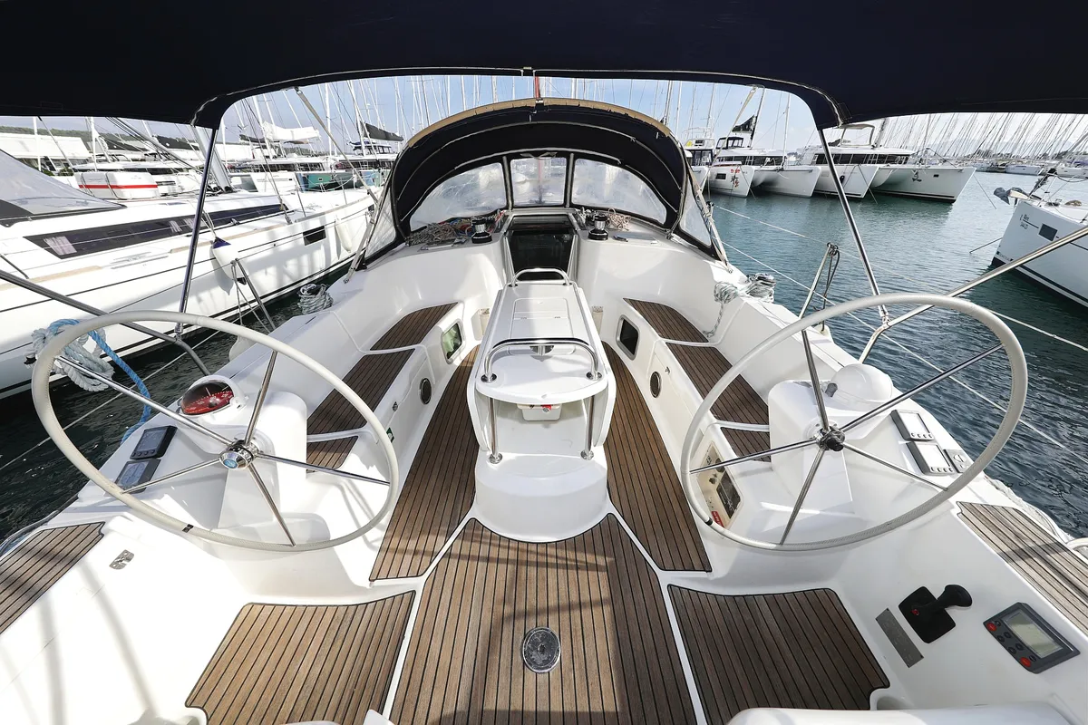 Cockpit of LEJLA, a Jeanneau Sun Odyssey 45 sailboat at Općina Sukošan, Croatia