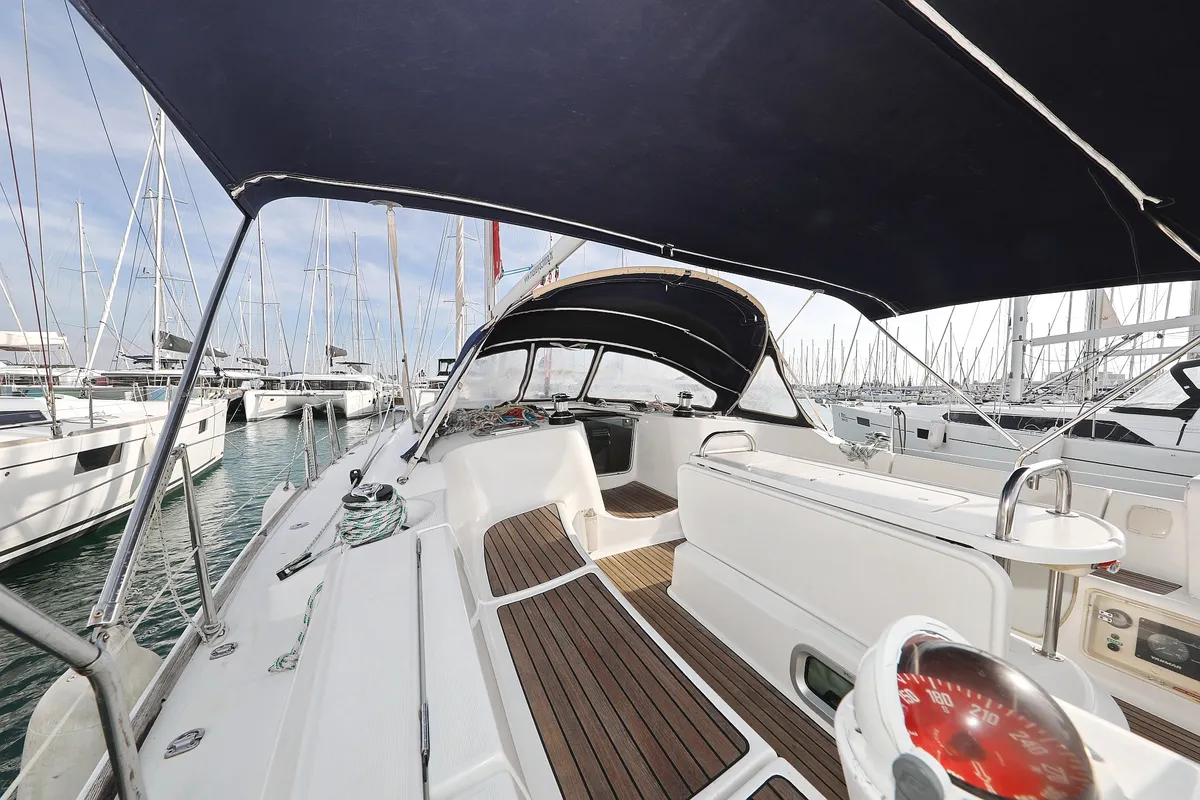 Deck of LEJLA, a Jeanneau Sun Odyssey 45 sailboat at Općina Sukošan, Croatia