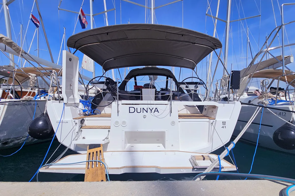 Exterior view of Dunya, a Dufour 41 sailboat at Rogoznica, Croatia