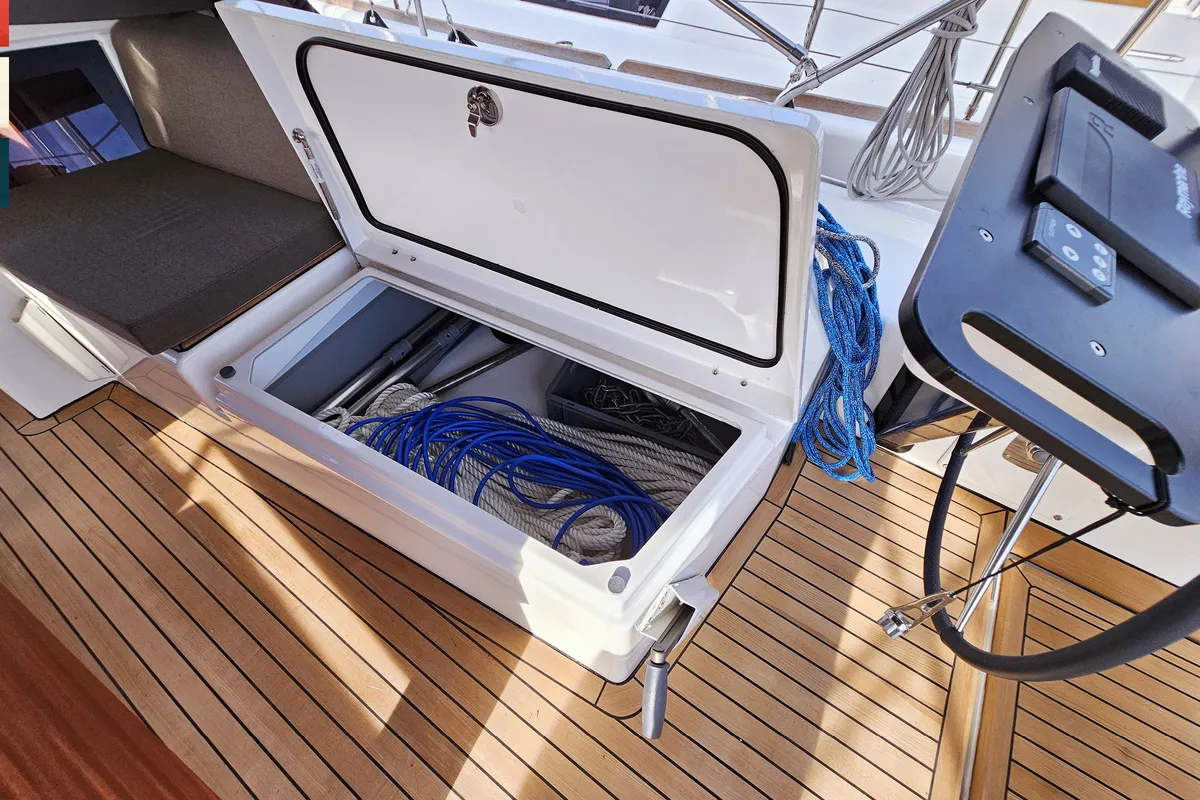 Deck of Dunya, a Dufour 41 sailboat at Rogoznica, Croatia