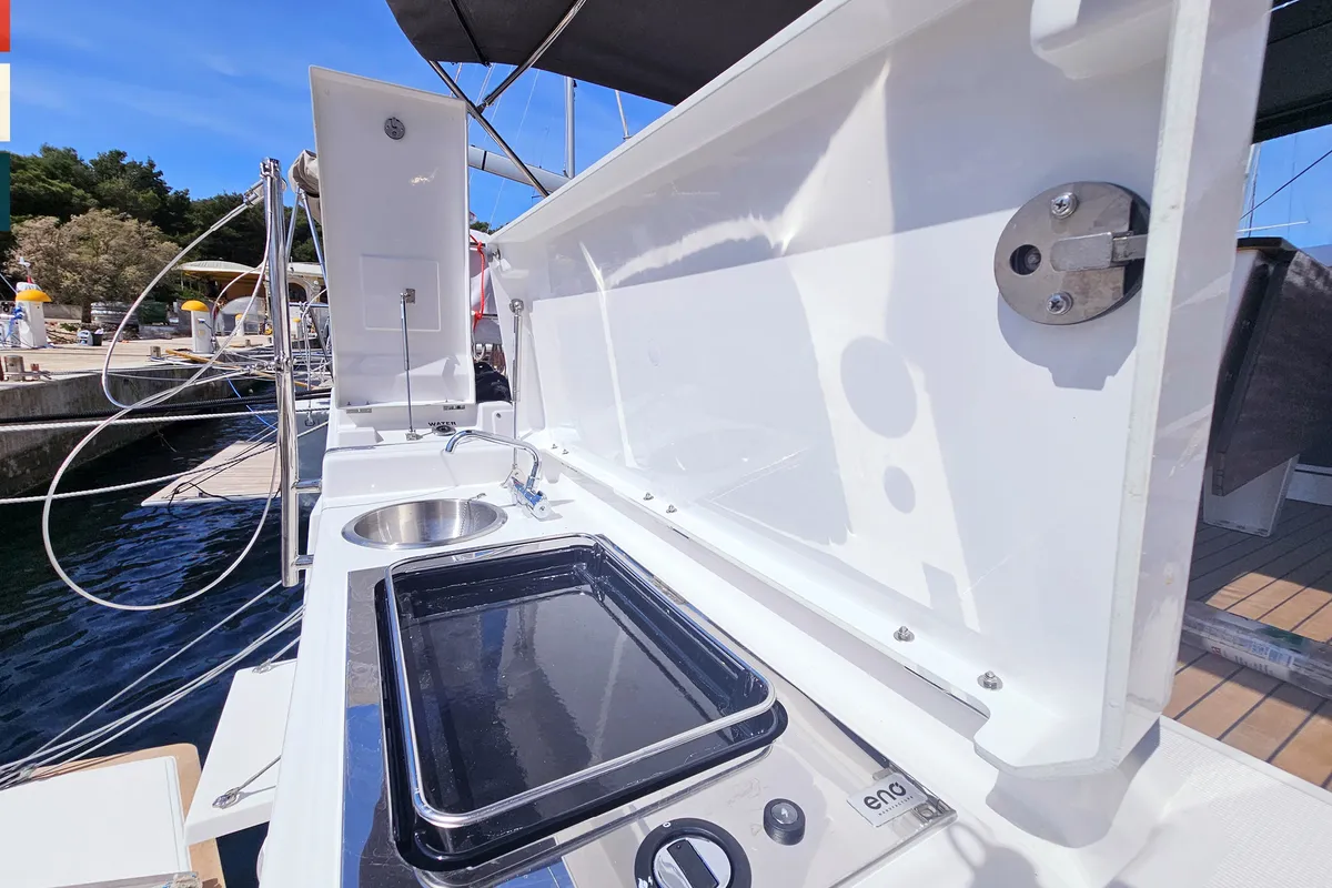 Deck of Dunya, a Dufour 41 sailboat at Rogoznica, Croatia