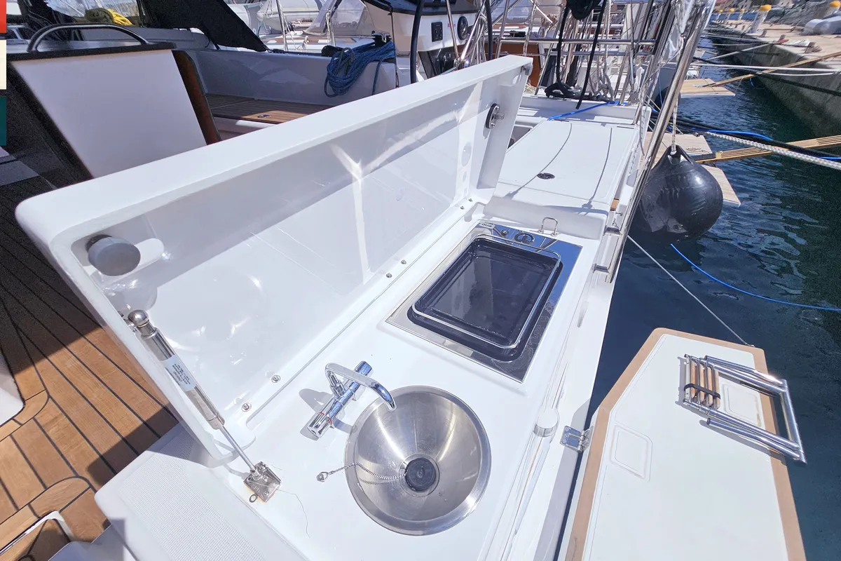 Deck of Dunya, a Dufour 41 sailboat at Rogoznica, Croatia