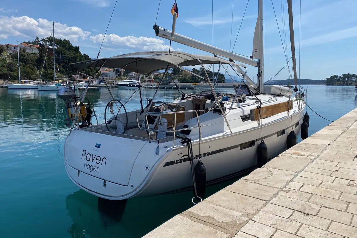 Exterior view of Raven, a Bavaria Cruiser 41 sailboat at Grad Pula, Croatia