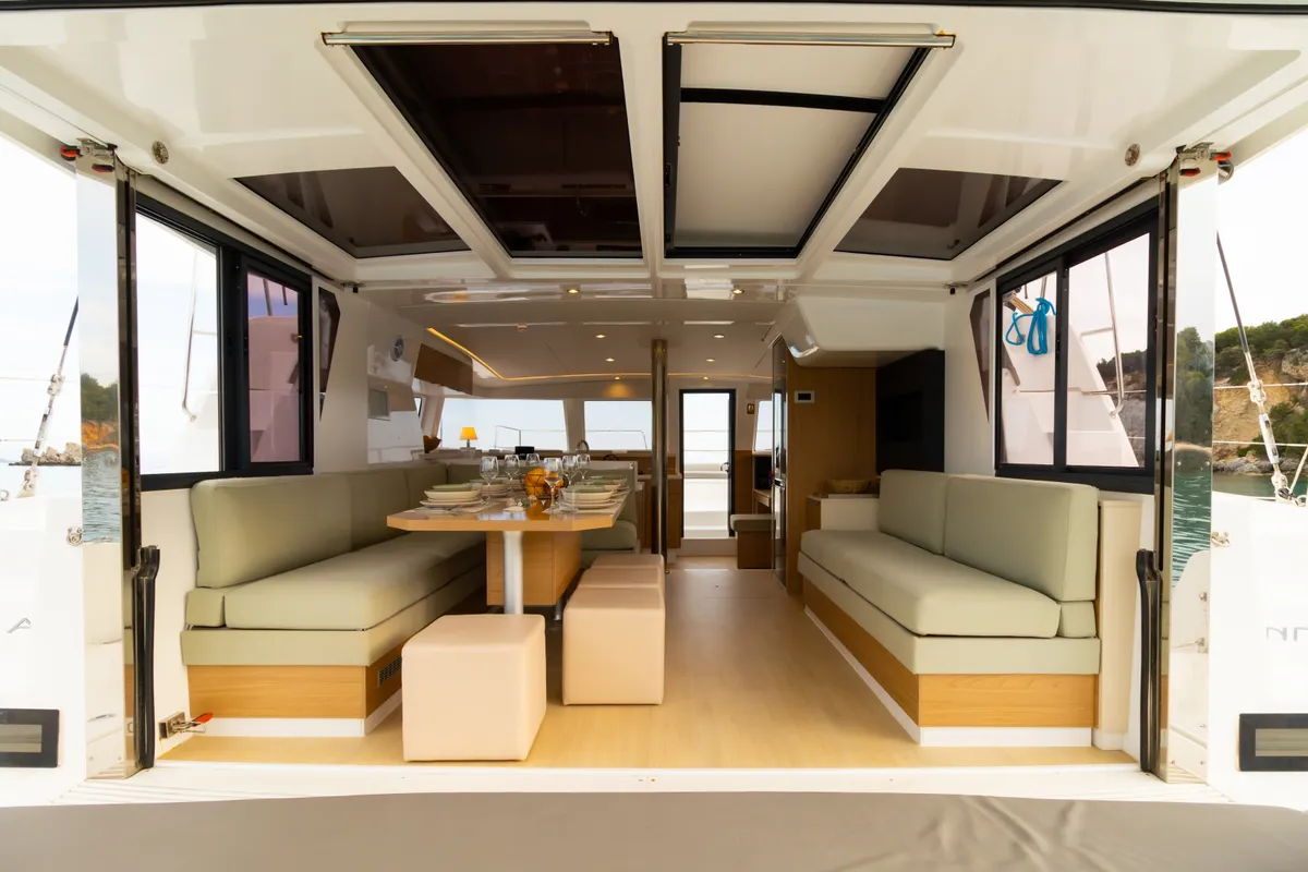 Deck of Sofia II, a Bali 4.2 catamaran at Preveza, Greece