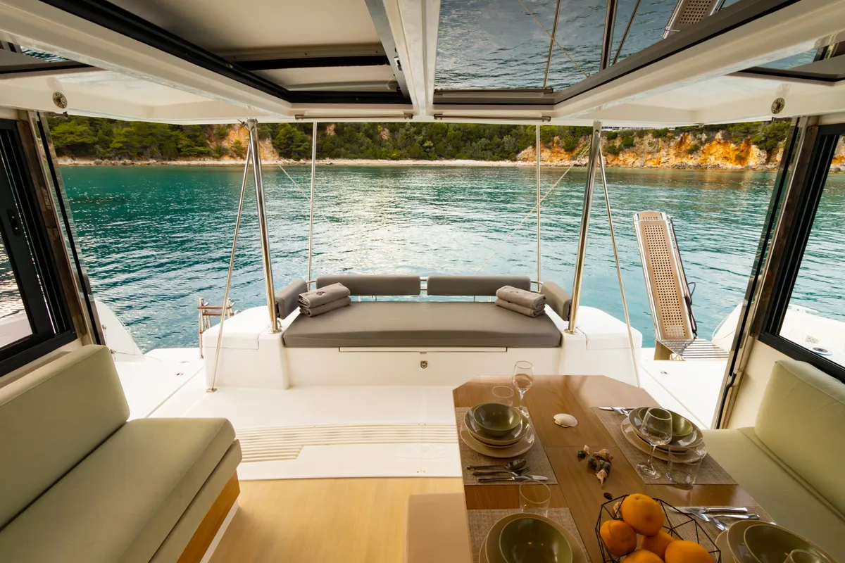 Deck of Sofia II, a Bali 4.2 catamaran at Preveza, Greece