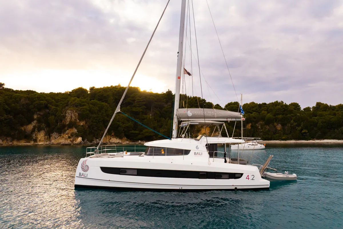 Exterior view of Sofia II, a Bali 4.2 catamaran at Preveza, Greece