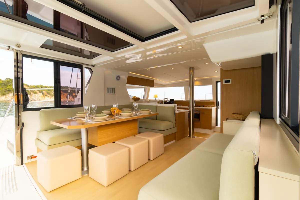 Salon of Sofia II, a Bali 4.2 catamaran at Preveza, Greece