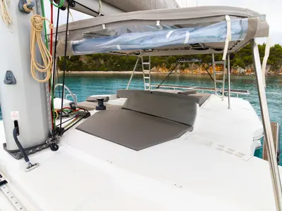Cockpit of Sofia II, a Bali 4.2 catamaran at Preveza, Greece