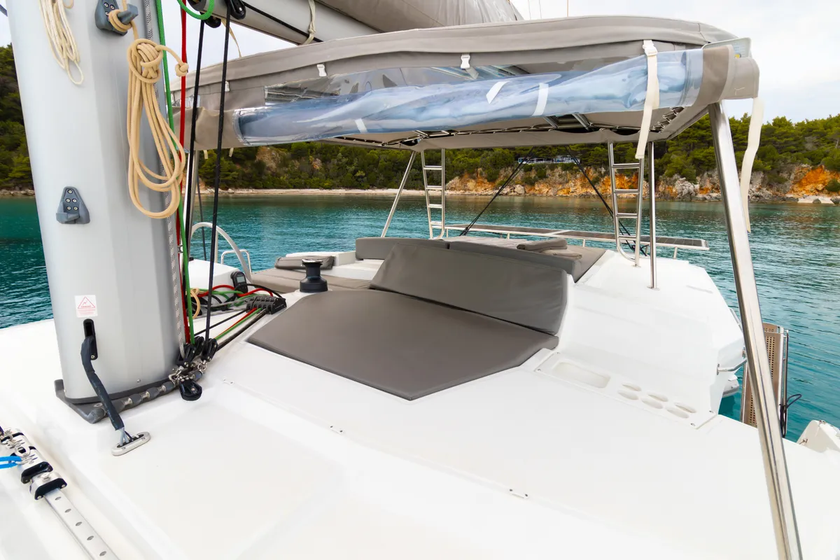 Cockpit of Sofia II, a Bali 4.2 catamaran at Preveza, Greece