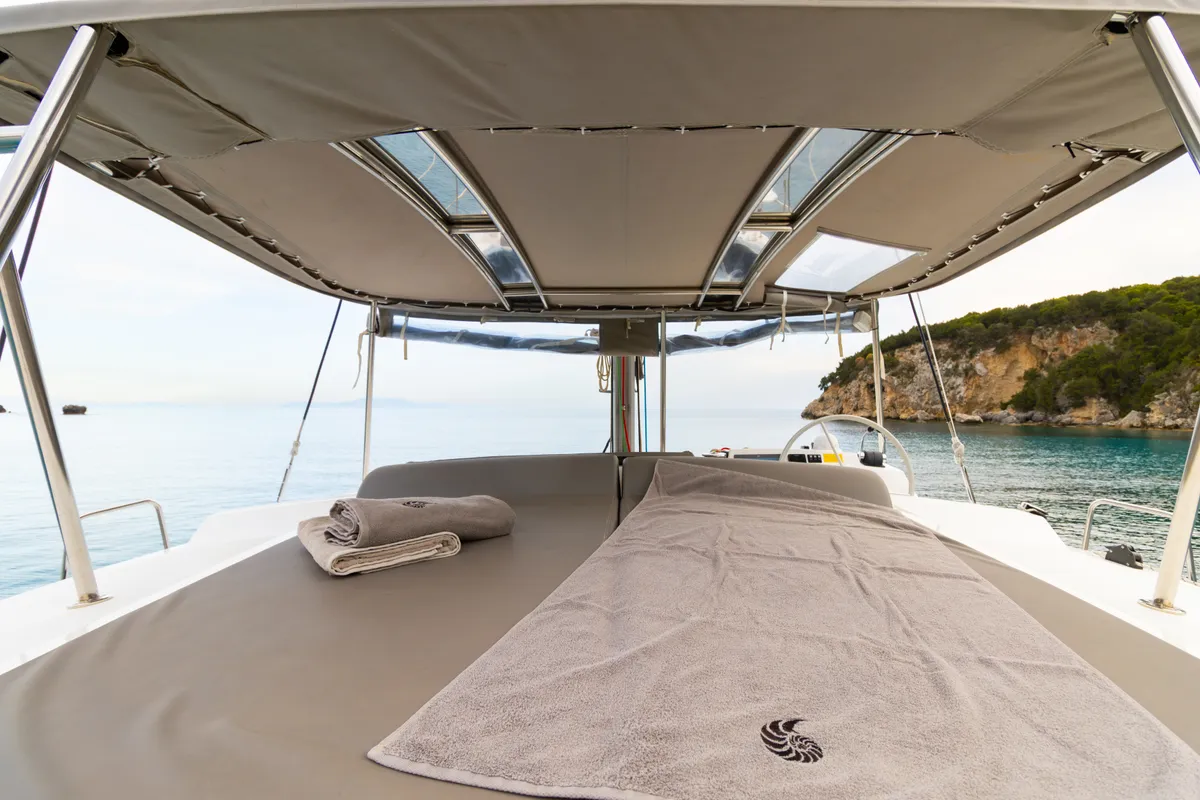 Deck of Sofia II, a Bali 4.2 catamaran at Preveza, Greece