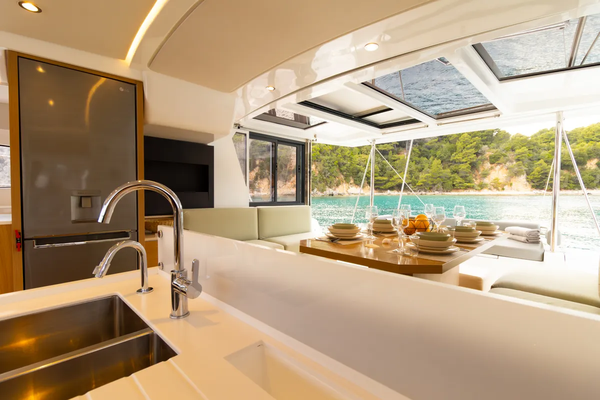 Salon of Sofia II, a Bali 4.2 catamaran at Preveza, Greece