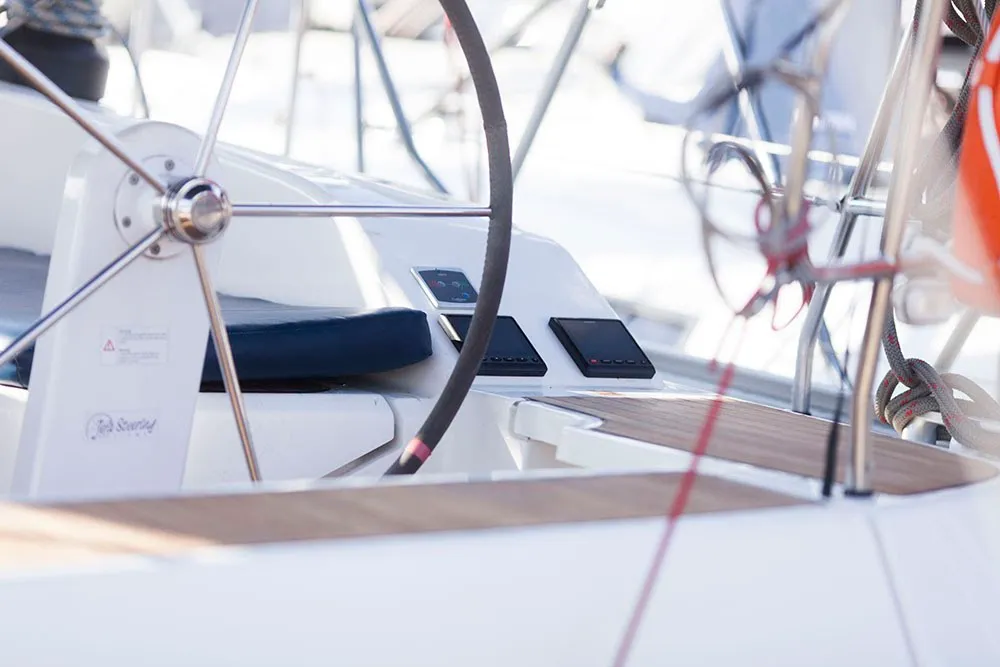 Cockpit of Navarino, a Bavaria Cruiser 51 sailboat at Kos, Greece